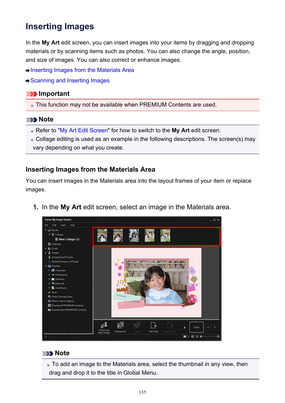 Inserting images, To swap automatically placed images, You can also | Insert images, Into your item. refer to | Canon PIXMA IP2700 User Manual | Page 135 / 339