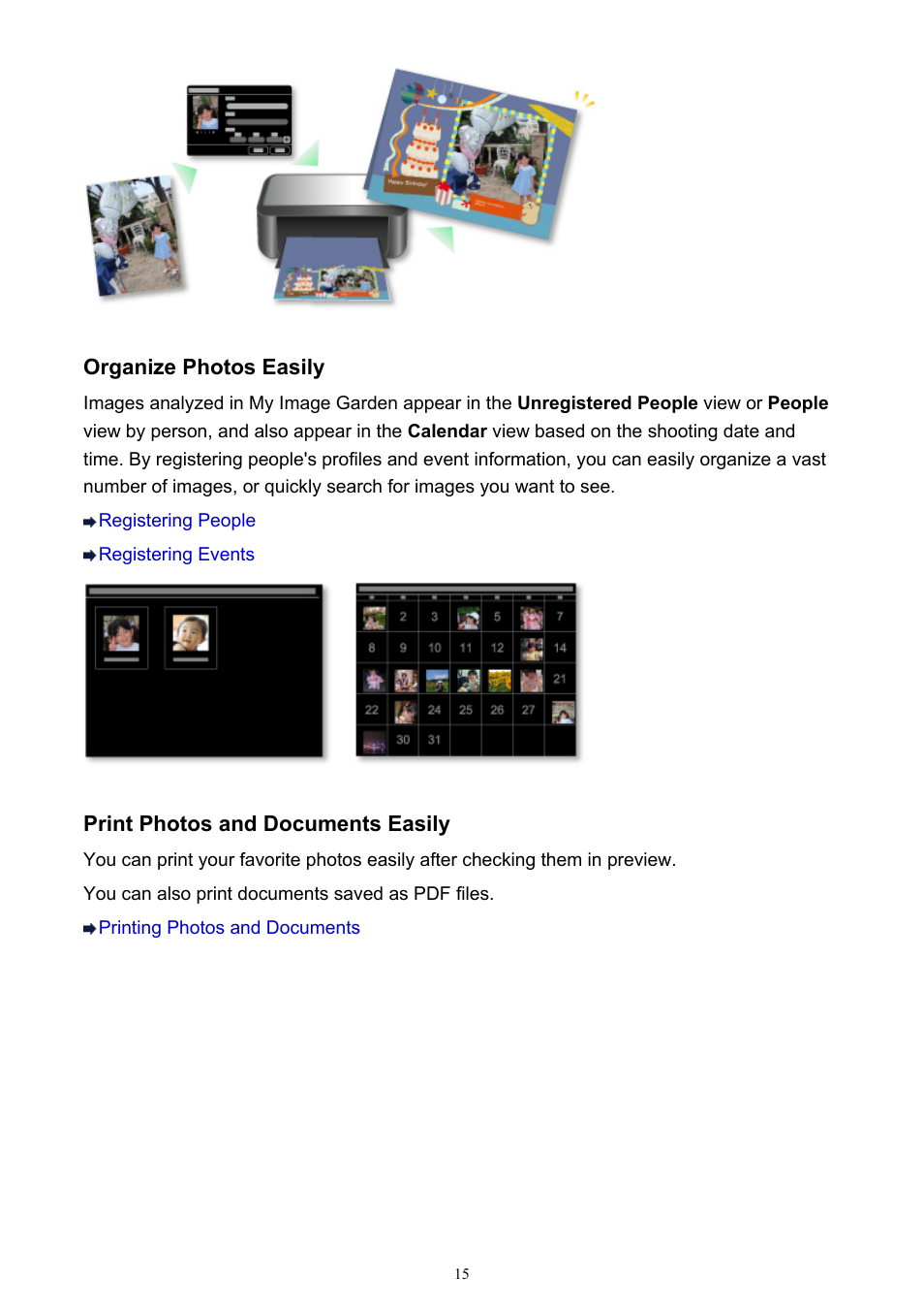 Organize photos easily, Print photos and documents easily | Canon PIXMA IP2700 User Manual | Page 15 / 339