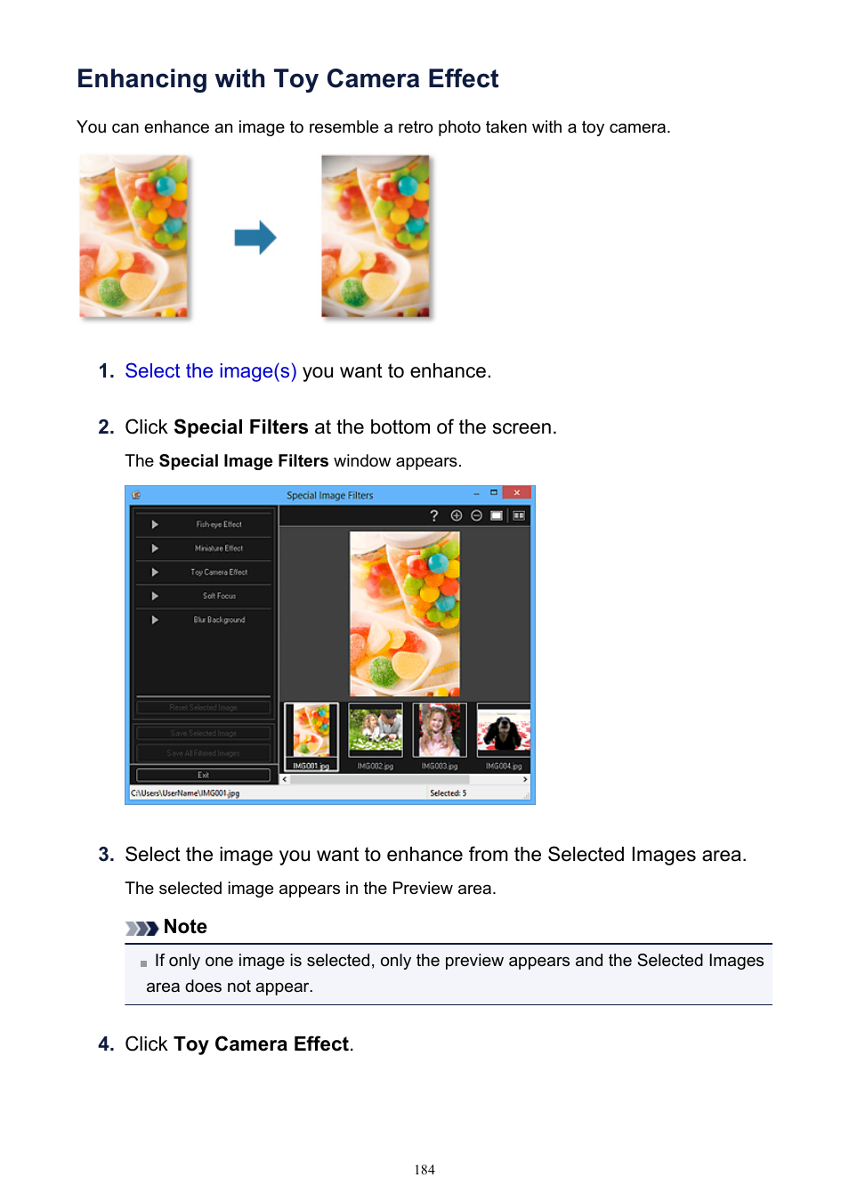 Enhancing with toy camera effect | Canon PIXMA IP2700 User Manual | Page 184 / 339