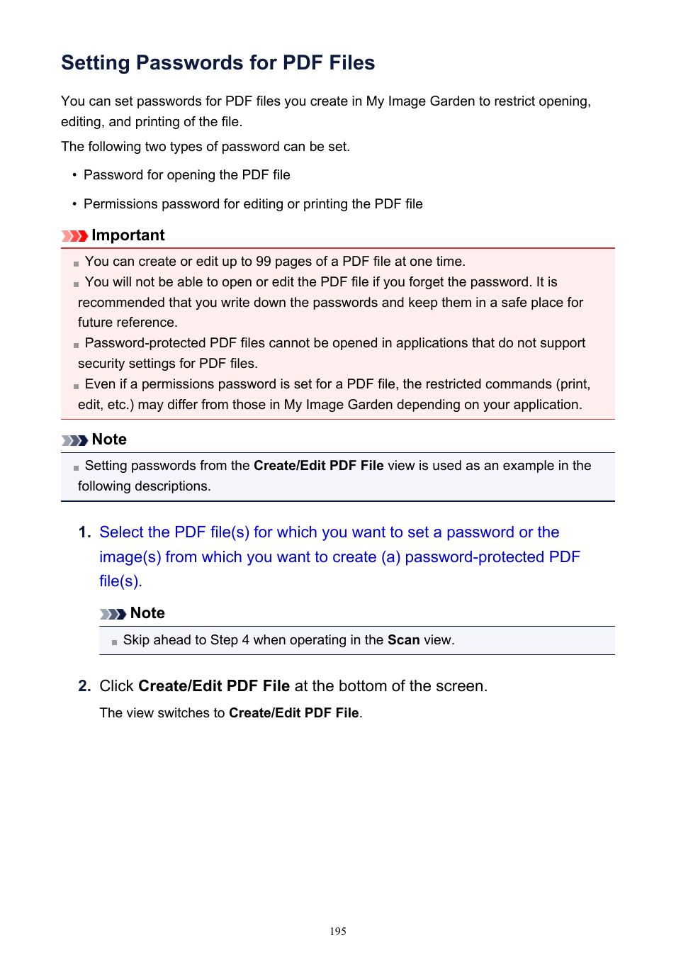 Setting passwords for pdf files | Canon PIXMA IP2700 User Manual | Page 195 / 339