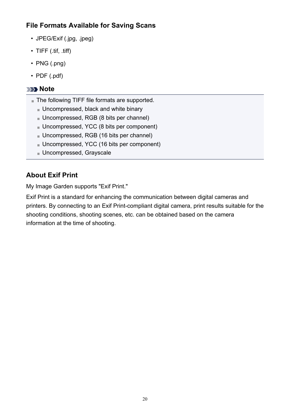 File formats available for saving scans, About exif print | Canon PIXMA IP2700 User Manual | Page 20 / 339