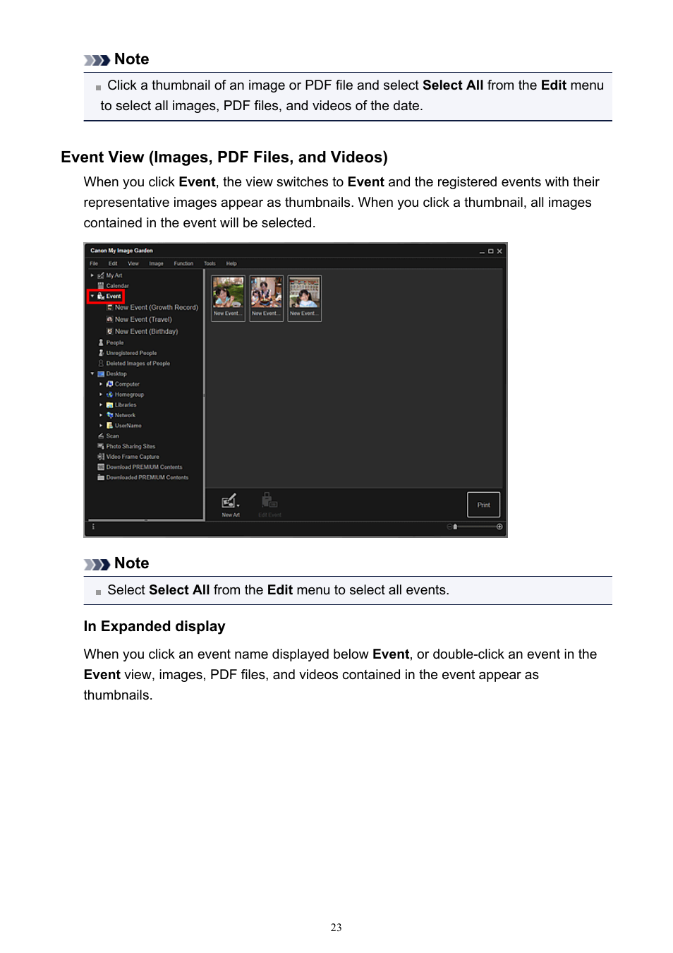 Selecting files of registered events ( event view) | Canon PIXMA IP2700 User Manual | Page 23 / 339
