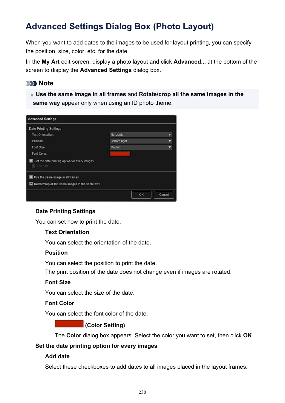 Advanced settings dialog box (photo layout), In the, Advanced settings dialog box | Displayed by clicking | Canon PIXMA IP2700 User Manual | Page 230 / 339