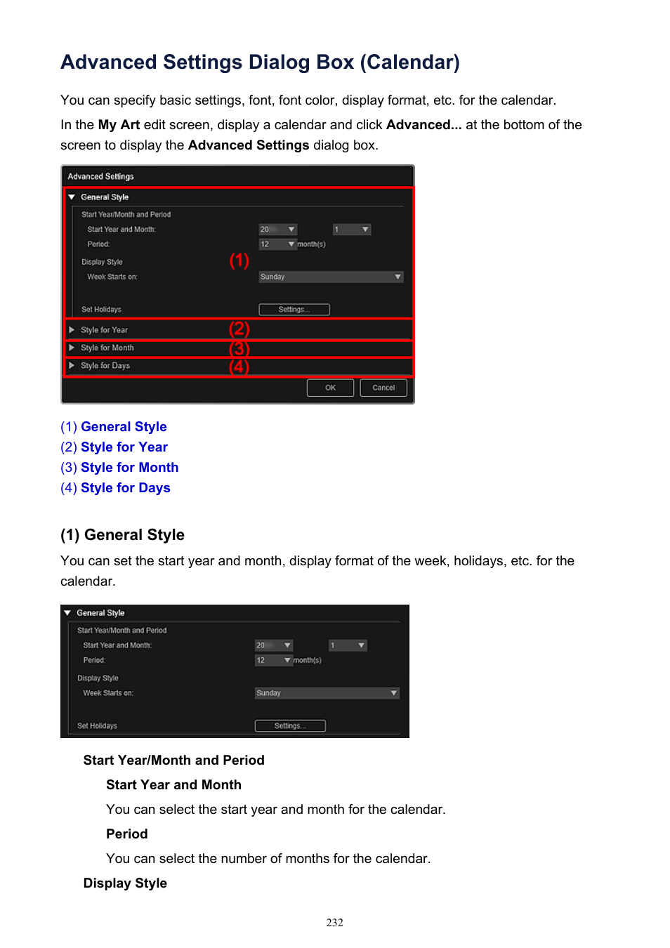 Advanced settings dialog box (calendar) | Canon PIXMA IP2700 User Manual | Page 232 / 339
