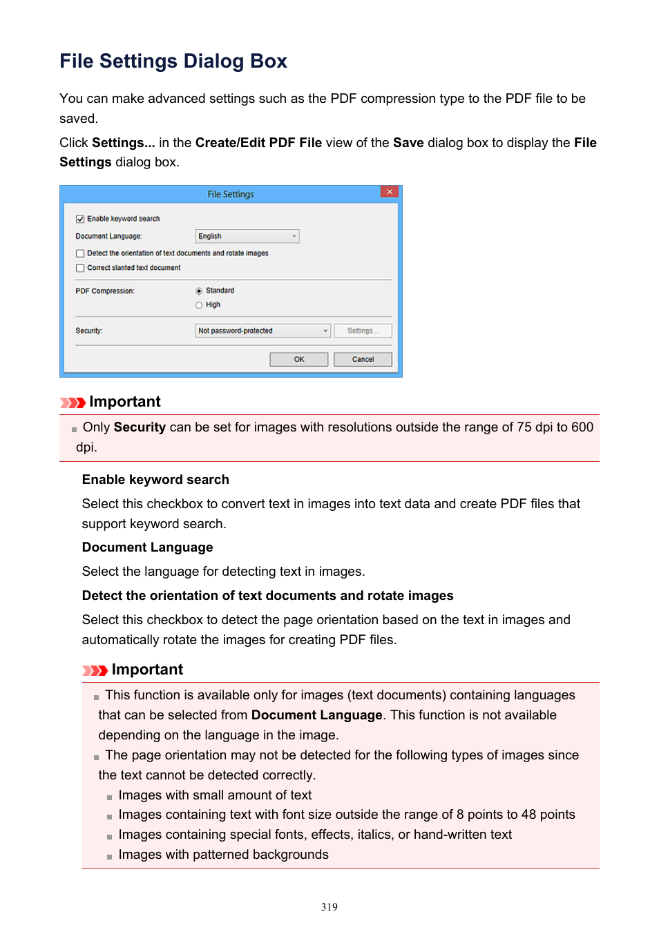 File settings dialog box, Pdf files. refer to, For the setting procedure | Canon PIXMA IP2700 User Manual | Page 319 / 339