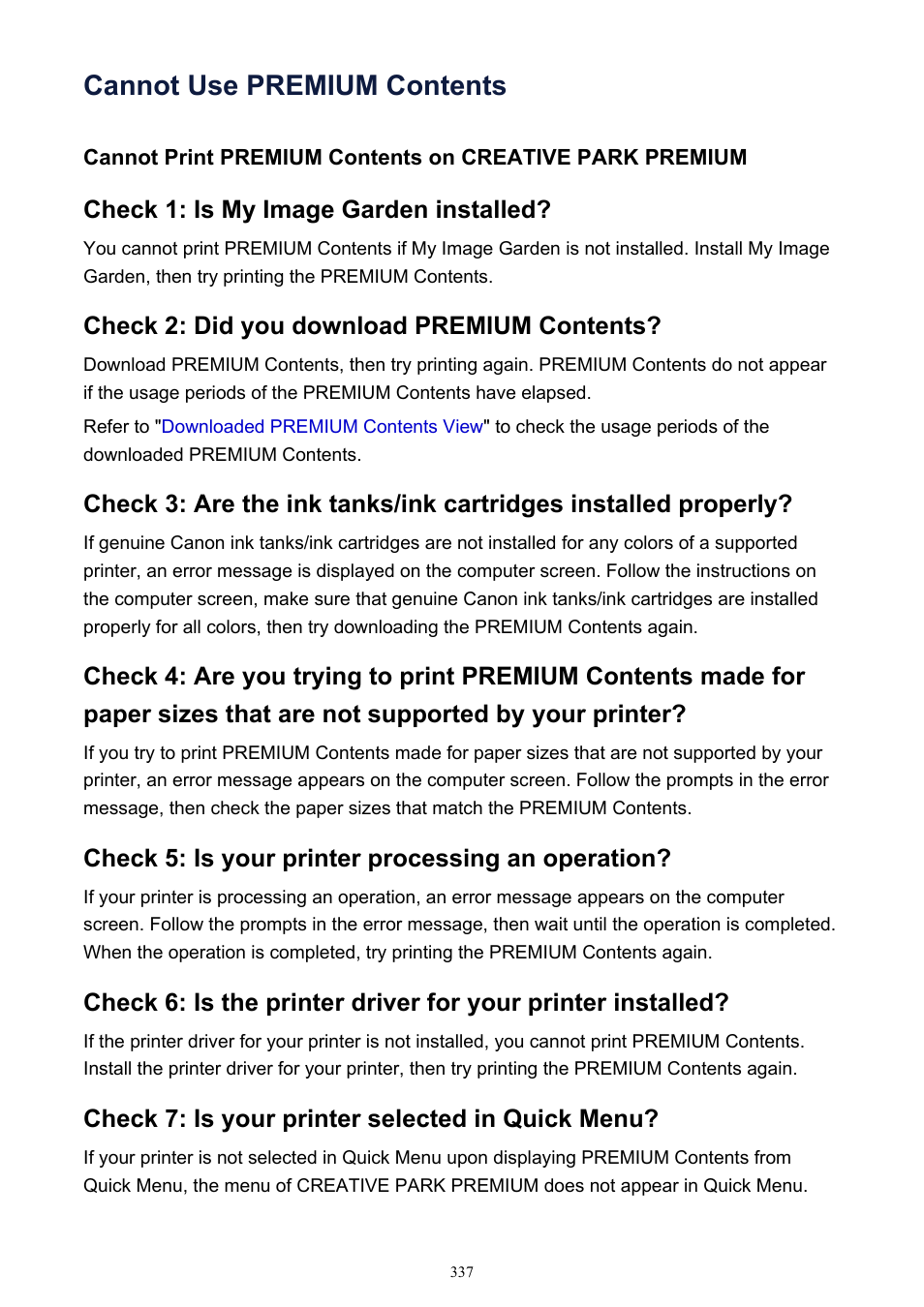 Cannot use premium contents, Check 1: is my image garden installed, Check 2: did you download premium contents | Check 5: is your printer processing an operation, Check 7: is your printer selected in quick menu | Canon PIXMA IP2700 User Manual | Page 337 / 339