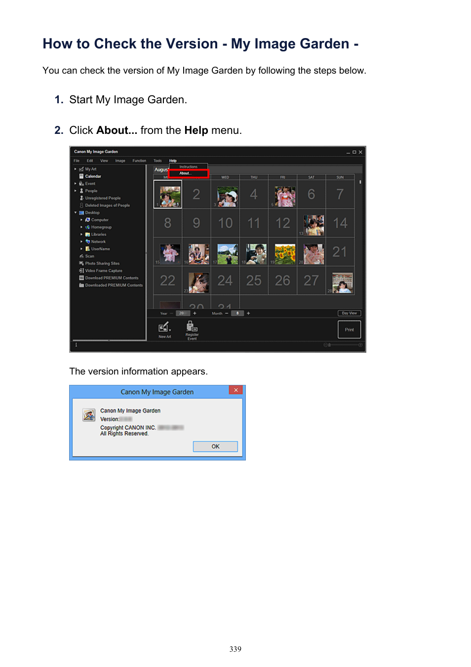 How to check the version - my image garden | Canon PIXMA IP2700 User Manual | Page 339 / 339