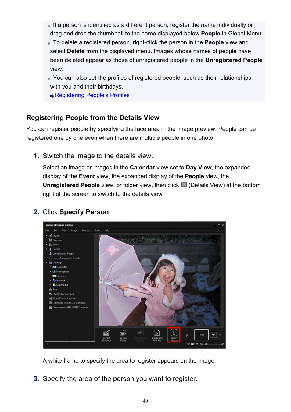 Registering people from the details view | Canon PIXMA IP2700 User Manual | Page 40 / 339