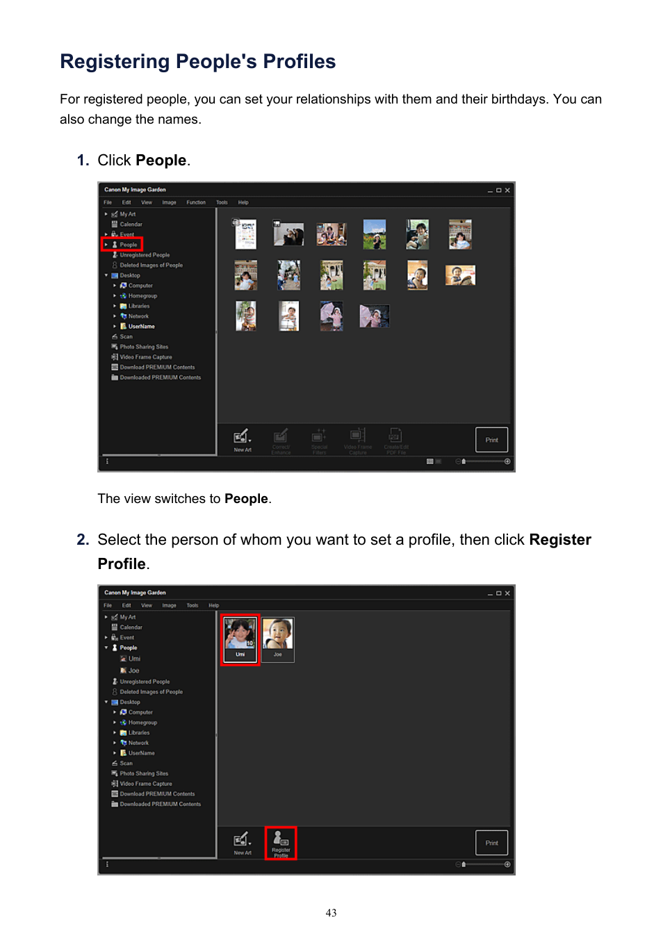 Registering people's profiles | Canon PIXMA IP2700 User Manual | Page 43 / 339