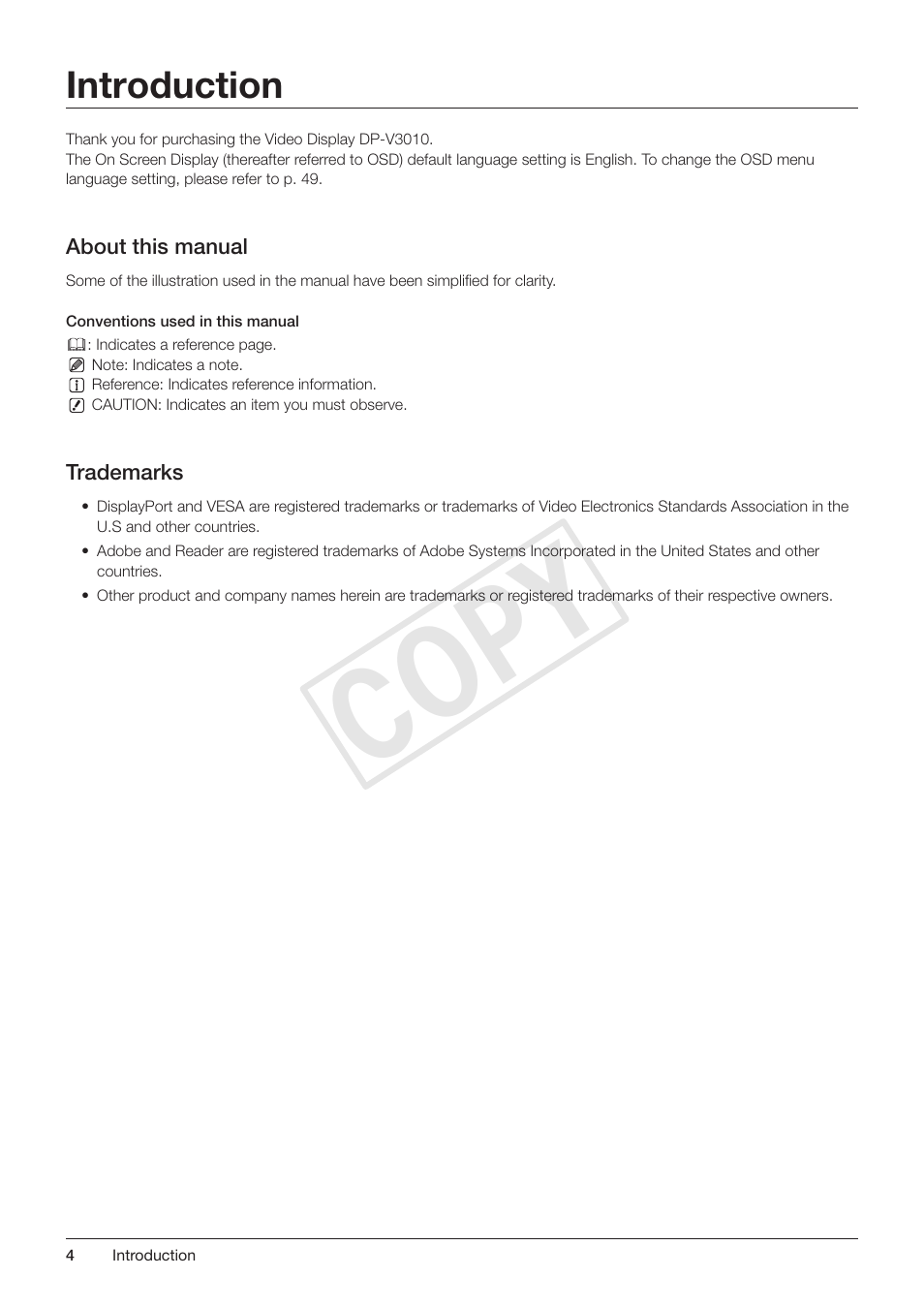 Introduction, About this manual, Trademarks | About this manual trademarks, Cop y | Canon DP-V3010 User Manual | Page 4 / 82