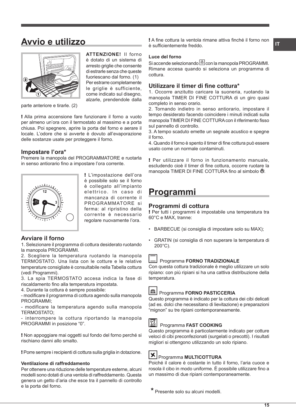 Avvio e utilizzo, Programmi, Impostare l’ora | Avviare il forno, Utilizzare il timer di fine cottura, Programmi di cottura | Hotpoint Ariston Tradición FT 95VC.1 (AN)-HA S User Manual | Page 15 / 72