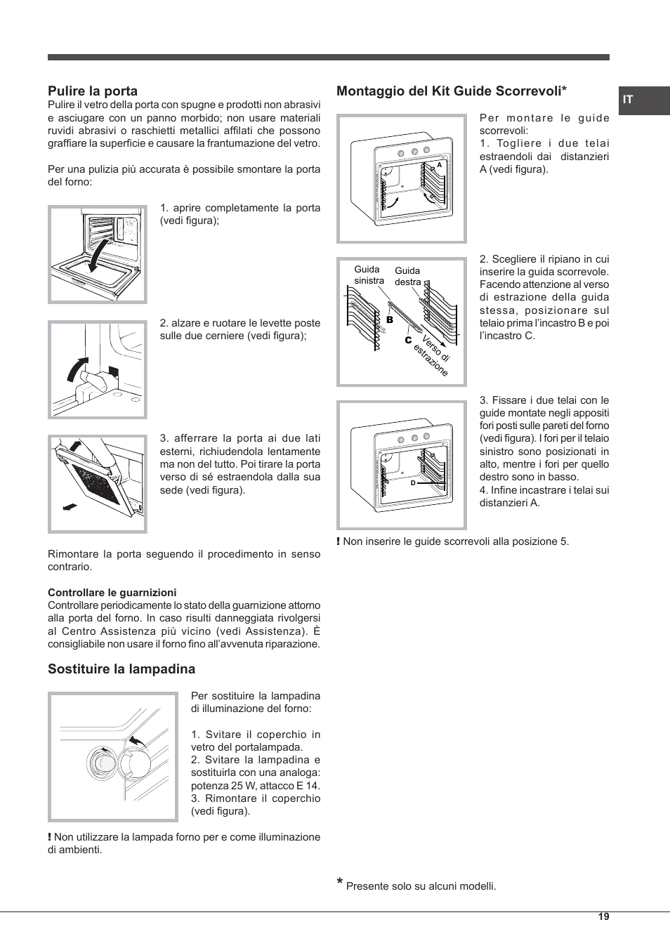 Pulire la porta, Sostituire la lampadina, Montaggio del kit guide scorrevoli | Hotpoint Ariston Tradición FT 95VC.1 (AN)-HA S User Manual | Page 19 / 72