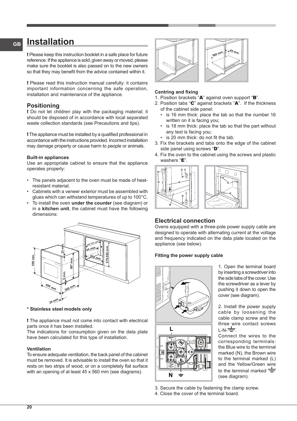 Installation, Positioning, Electrical connection | Hotpoint Ariston Tradición FT 95VC.1 (AN)-HA S User Manual | Page 20 / 72