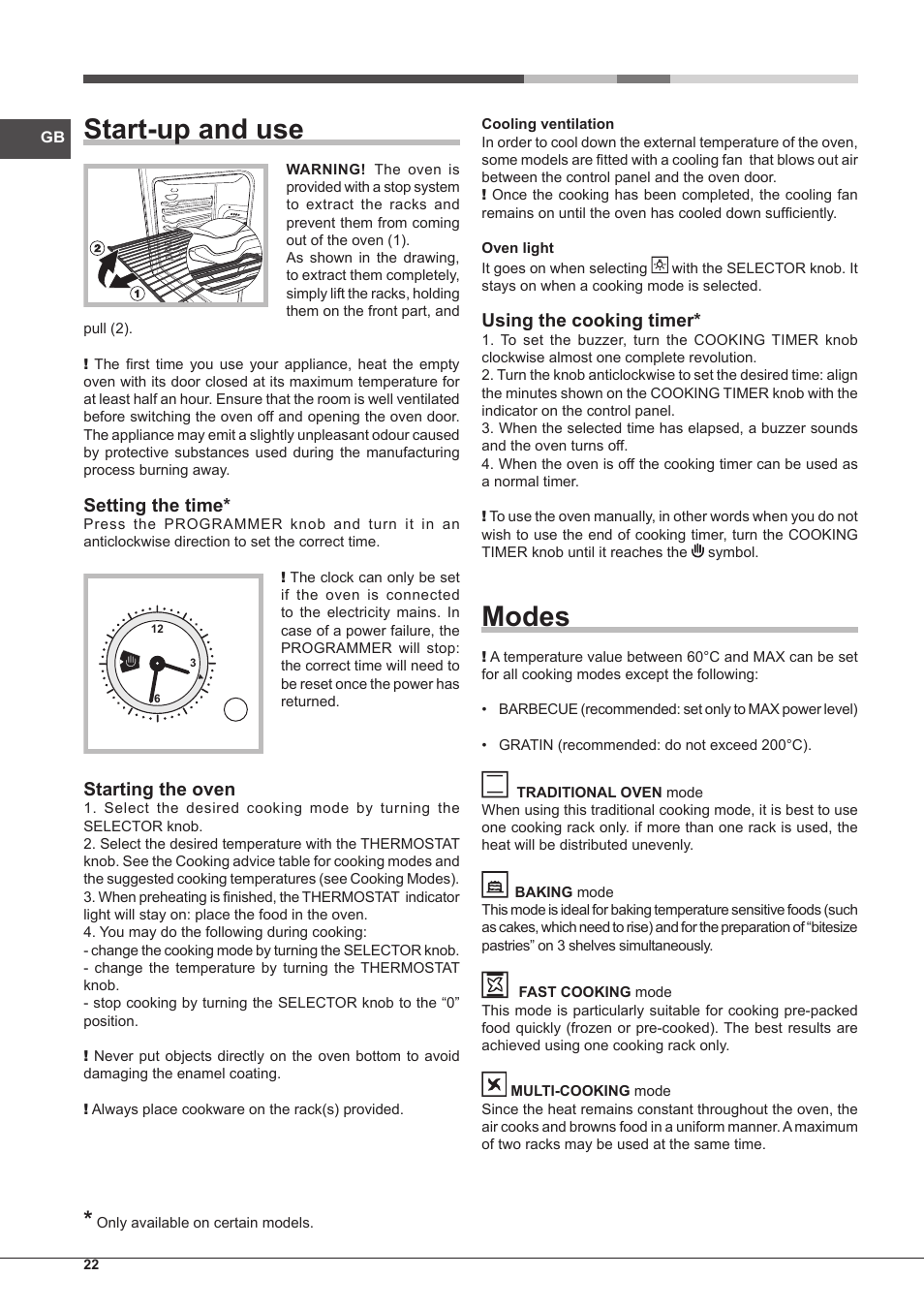 Start-up and use, Modes, Setting the time | Starting the oven, Using the cooking timer | Hotpoint Ariston Tradición FT 95VC.1 (AN)-HA S User Manual | Page 22 / 72