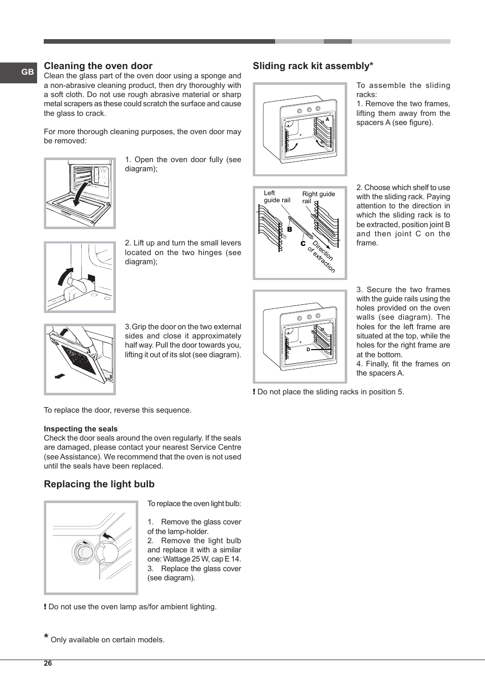 Cleaning the oven door, Replacing the light bulb, Sliding rack kit assembly | Hotpoint Ariston Tradición FT 95VC.1 (AN)-HA S User Manual | Page 26 / 72