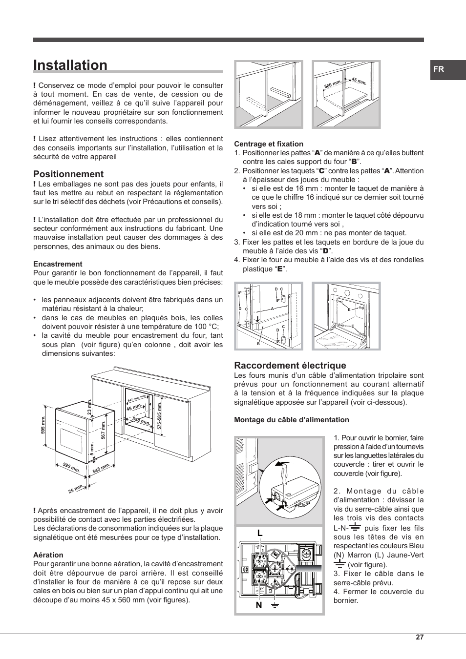 Installation, Positionnement, Raccordement électrique | Hotpoint Ariston Tradición FT 95VC.1 (AN)-HA S User Manual | Page 27 / 72