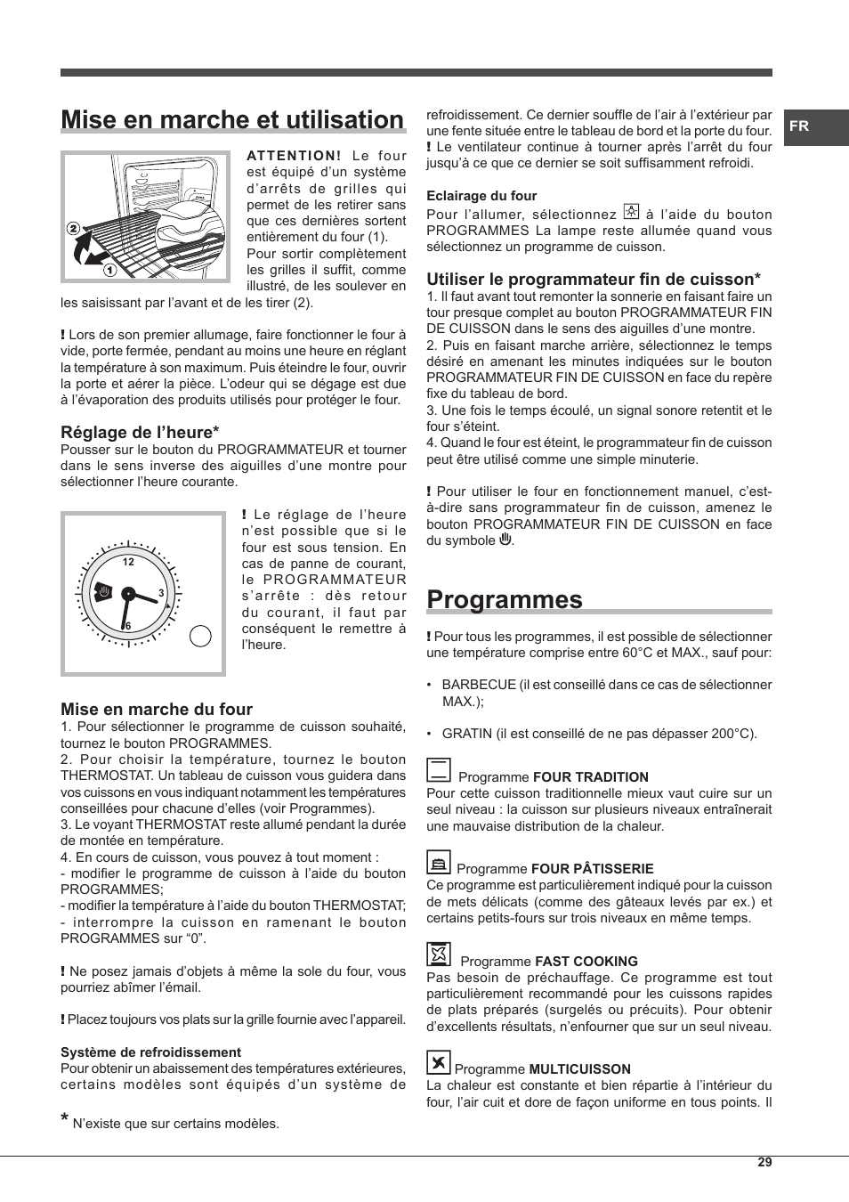 Mise en marche et utilisation, Programmes, Réglage de l’heure | Mise en marche du four, Utiliser le programmateur fin de cuisson | Hotpoint Ariston Tradición FT 95VC.1 (AN)-HA S User Manual | Page 29 / 72