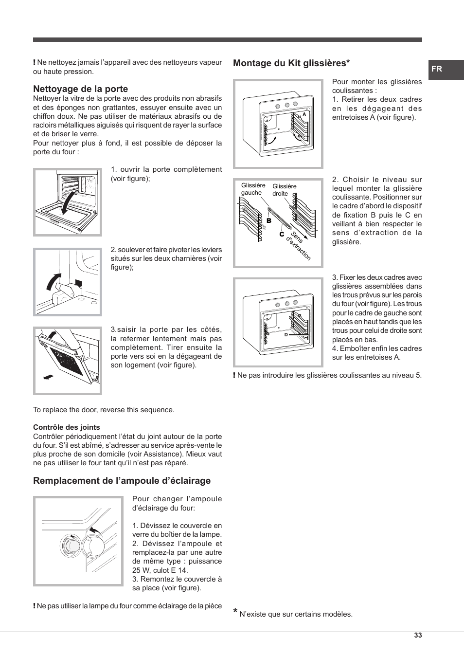 Nettoyage de la porte, Remplacement de l’ampoule d’éclairage, Montage du kit glissières | Hotpoint Ariston Tradición FT 95VC.1 (AN)-HA S User Manual | Page 33 / 72