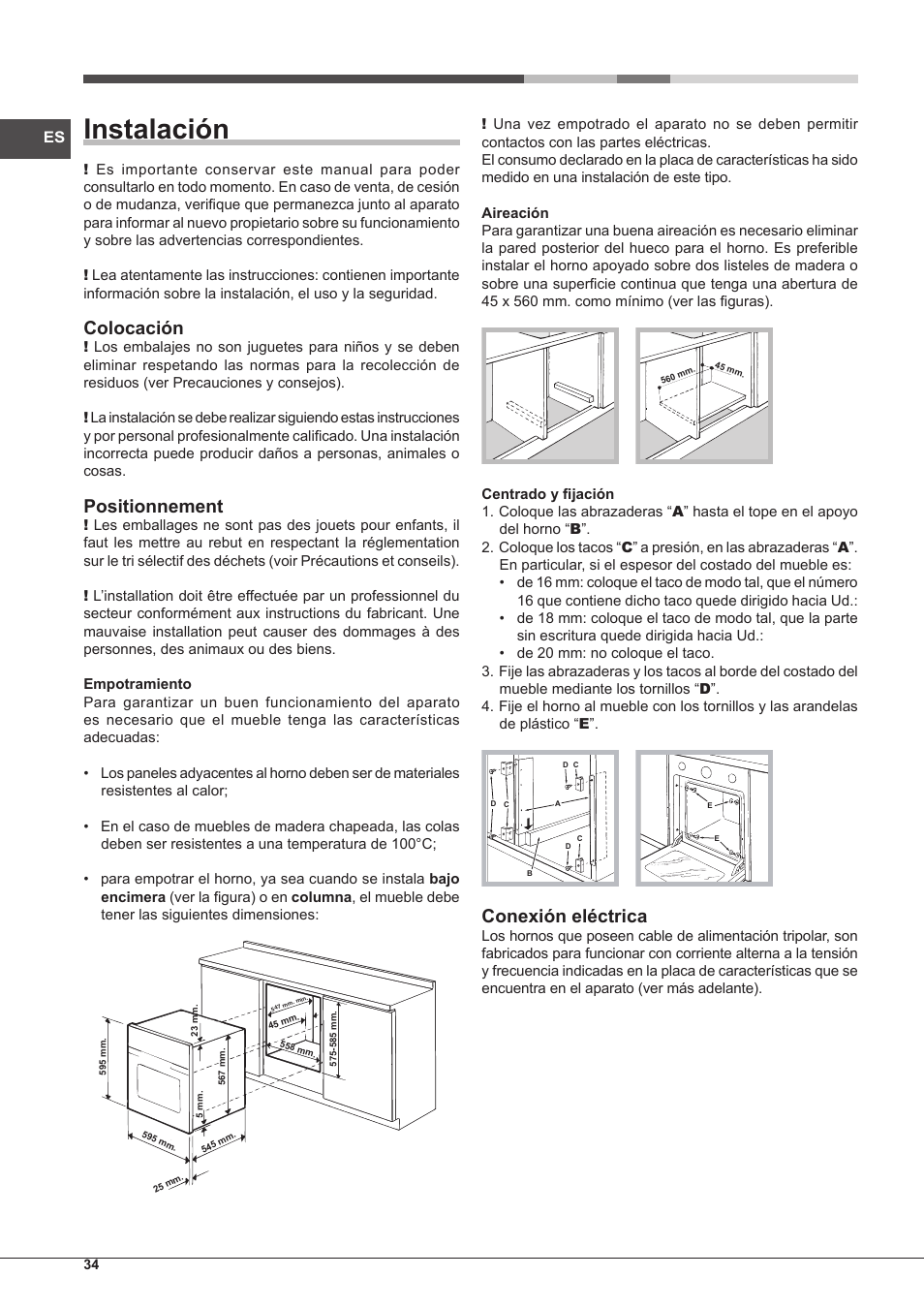 Instalación, Colocación, Positionnement | Conexión eléctrica | Hotpoint Ariston Tradición FT 95VC.1 (AN)-HA S User Manual | Page 34 / 72