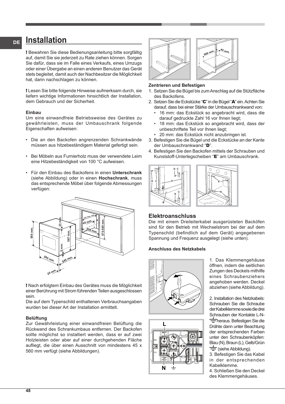 Installation, Elektroanschluss | Hotpoint Ariston Tradición FT 95VC.1 (AN)-HA S User Manual | Page 48 / 72
