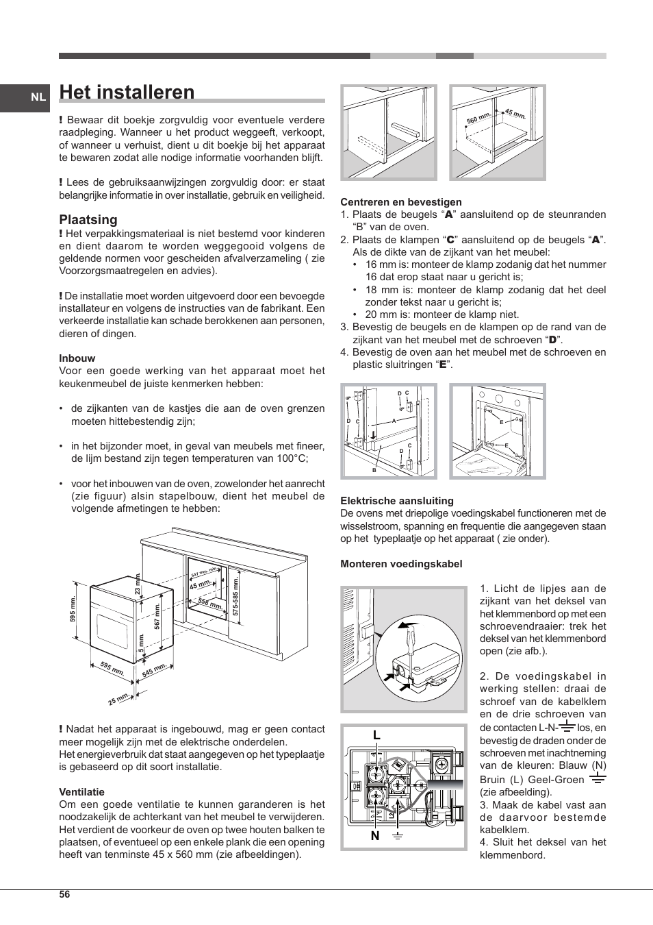 Het installeren, Plaatsing | Hotpoint Ariston Tradición FT 95VC.1 (AN)-HA S User Manual | Page 56 / 72