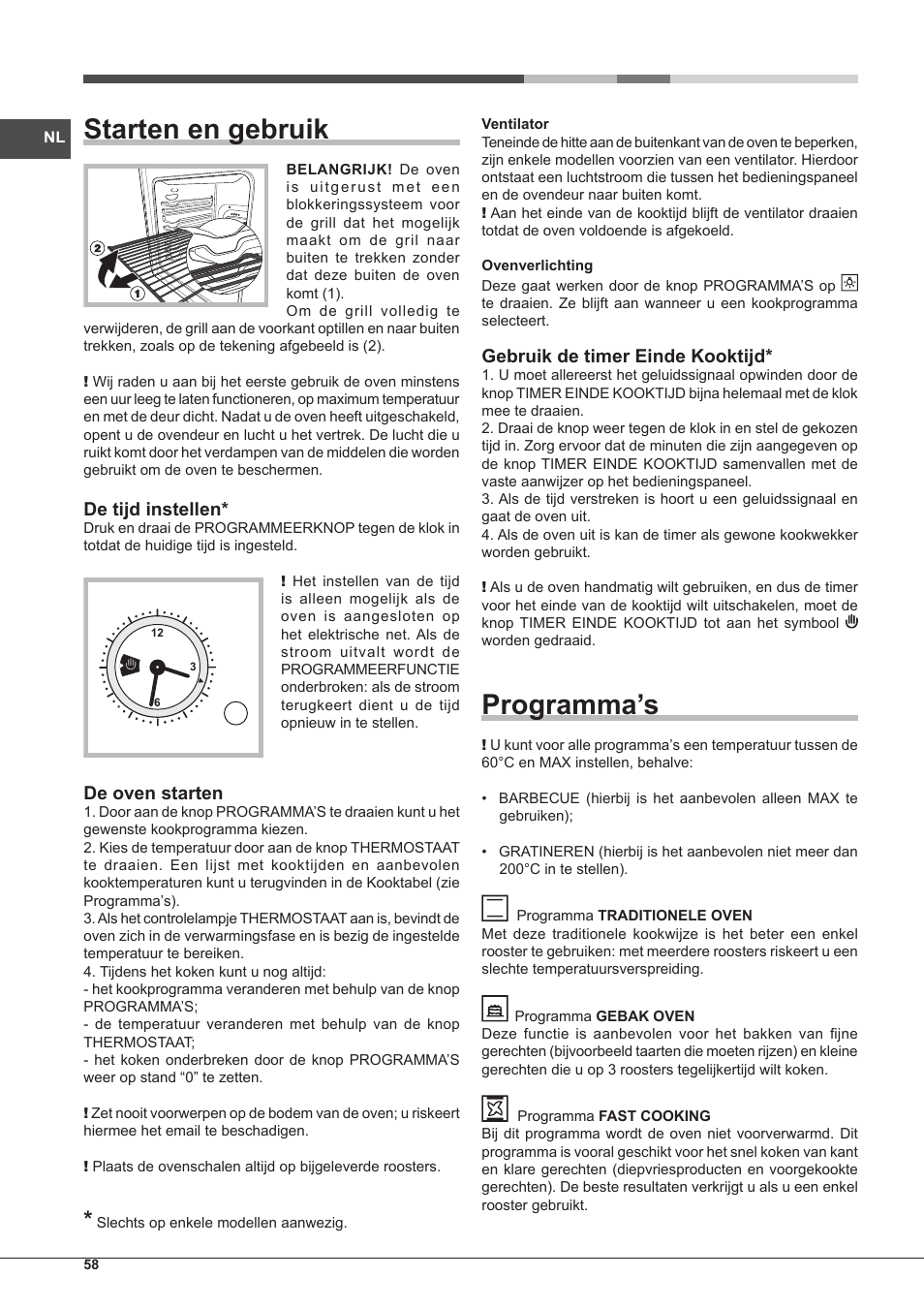 Starten en gebruik, Programma’s, De tijd instellen | De oven starten, Gebruik de timer einde kooktijd | Hotpoint Ariston Tradición FT 95VC.1 (AN)-HA S User Manual | Page 58 / 72
