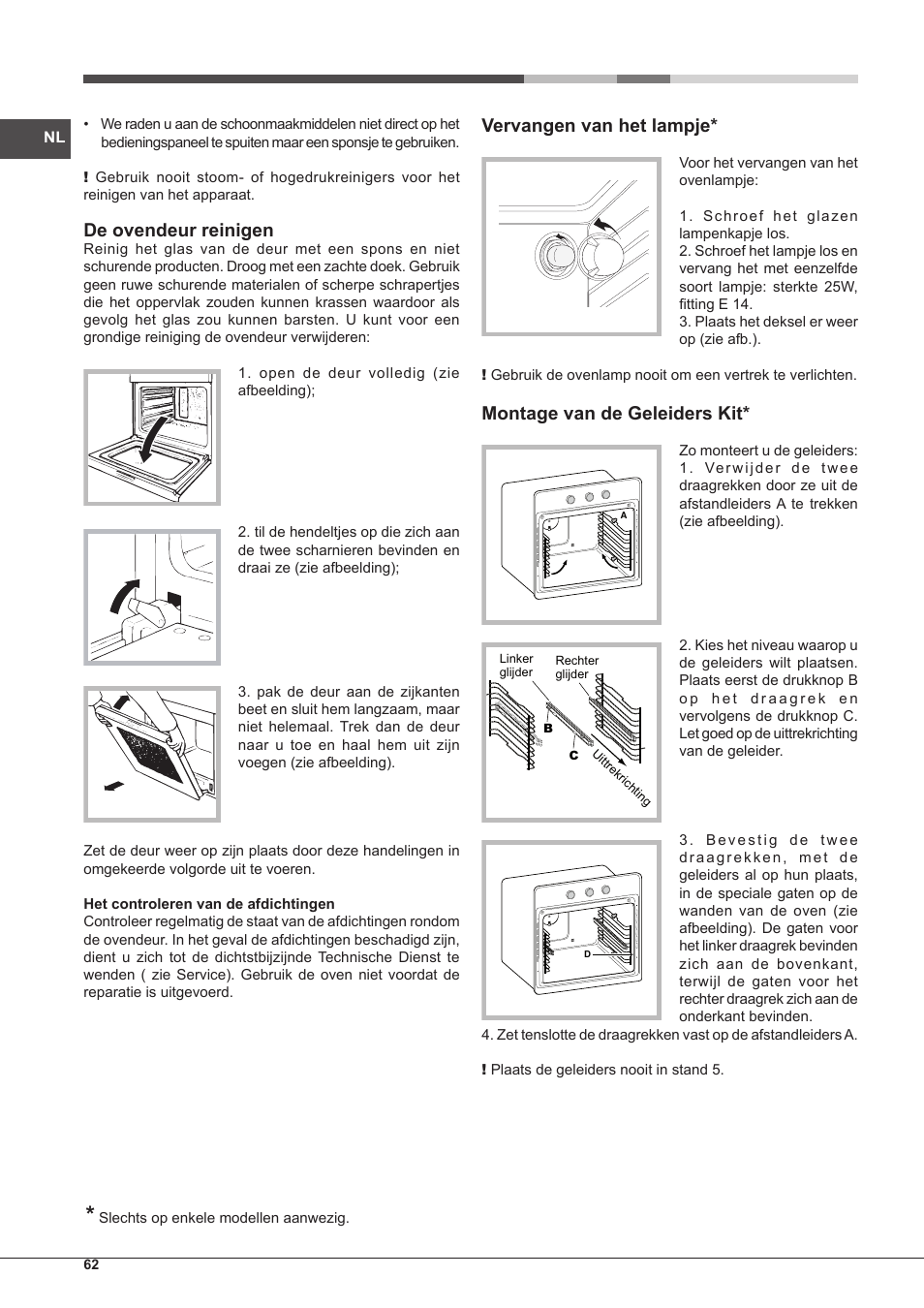 De ovendeur reinigen, Vervangen van het lampje, Montage van de geleiders kit | Hotpoint Ariston Tradición FT 95VC.1 (AN)-HA S User Manual | Page 62 / 72