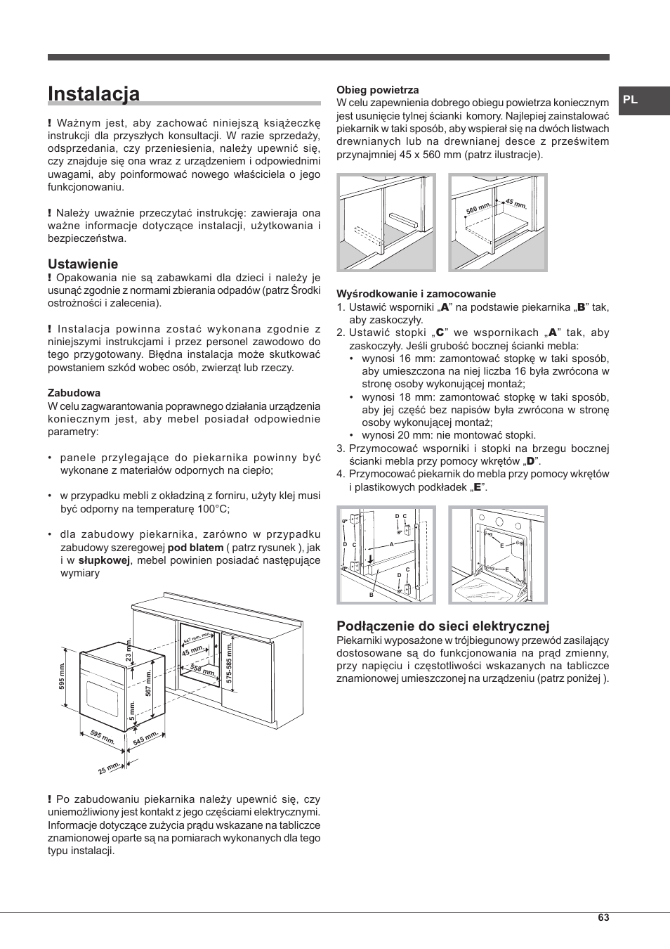 Instalacja, Ustawienie, Podłączenie do sieci elektrycznej | Hotpoint Ariston Tradición FT 95VC.1 (AN)-HA S User Manual | Page 63 / 72