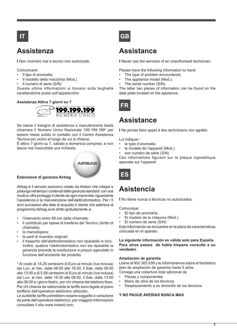 Assistenza, Assistance, Asistencia | Hotpoint Ariston Tradición FT 95VC.1 (AN)-HA S User Manual | Page 7 / 72