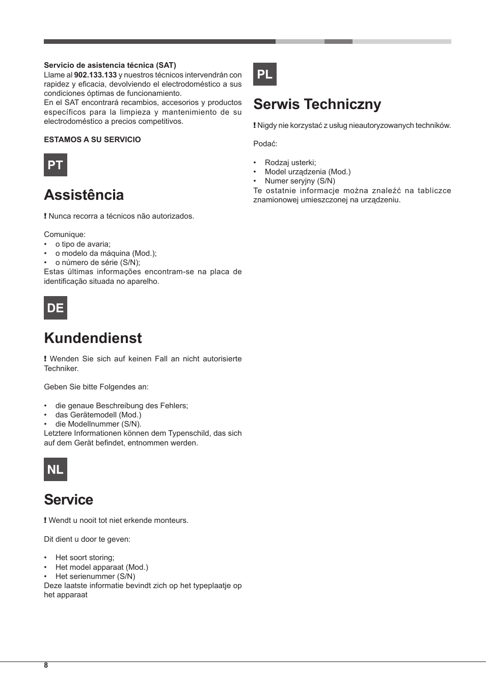 Assistência, Kundendienst, Service | Serwis techniczny | Hotpoint Ariston Tradición FT 95VC.1 (AN)-HA S User Manual | Page 8 / 72
