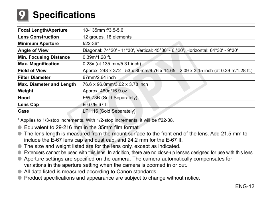 Cop y, Specifications | Canon EF-S 18-135mm f3.5-5.6 IS STM User Manual | Page 13 / 14