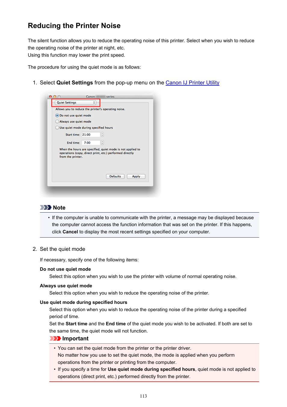 Reducing the printer noise | Canon PIXMA iX6850 User Manual | Page 113 / 378