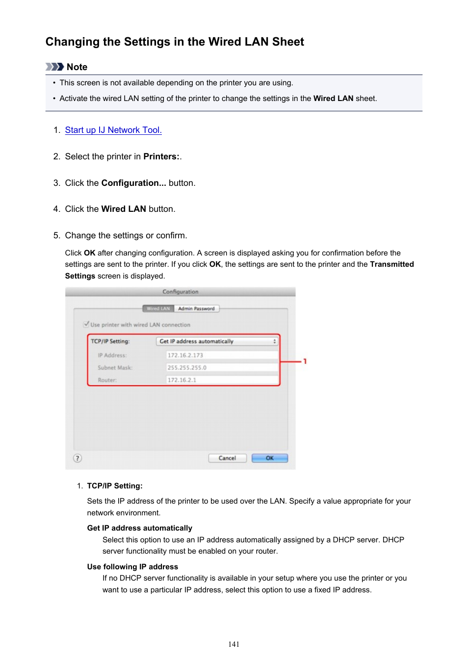 Changing the settings in the wired lan sheet | Canon PIXMA iX6850 User Manual | Page 141 / 378