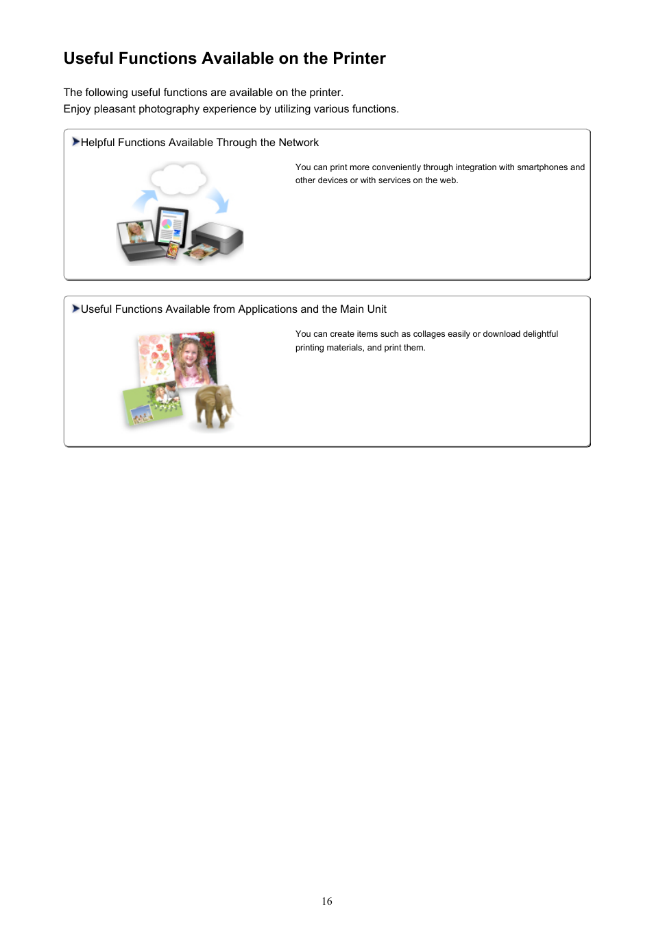 Useful functions available on the printer | Canon PIXMA iX6850 User Manual | Page 16 / 378