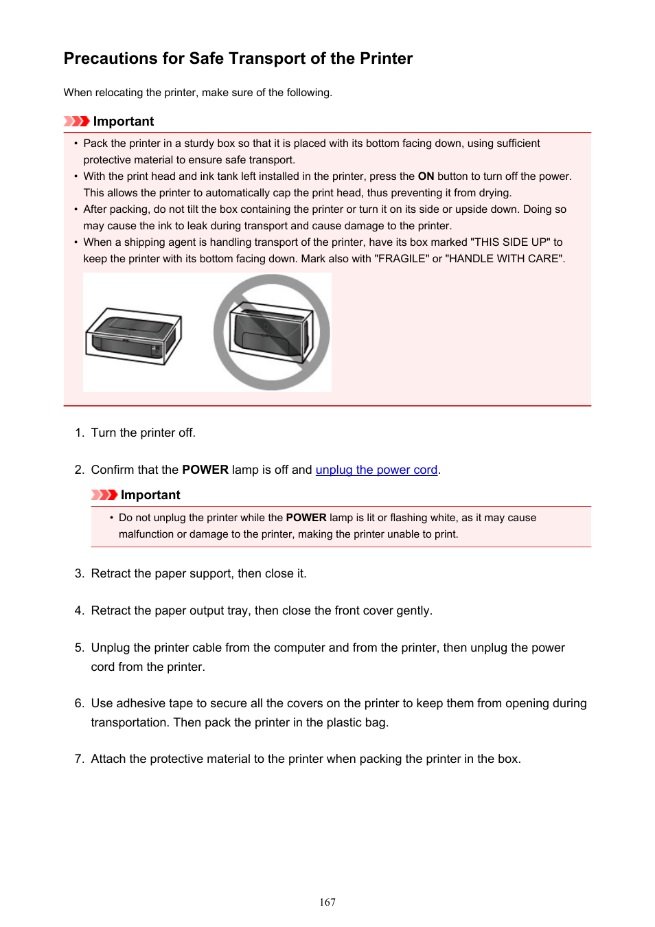 Precautions for safe transport of the printer | Canon PIXMA iX6850 User Manual | Page 167 / 378