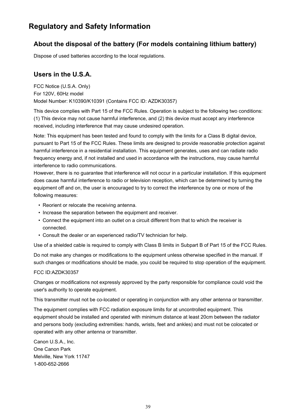Regulatory and safety information | Canon PIXMA iX6850 User Manual | Page 39 / 378