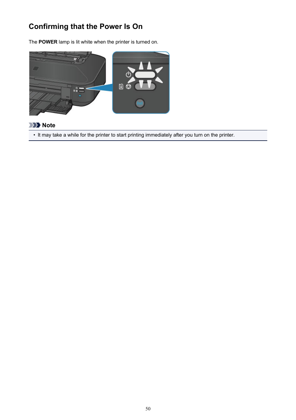 Confirming that the power is on | Canon PIXMA iX6850 User Manual | Page 50 / 378