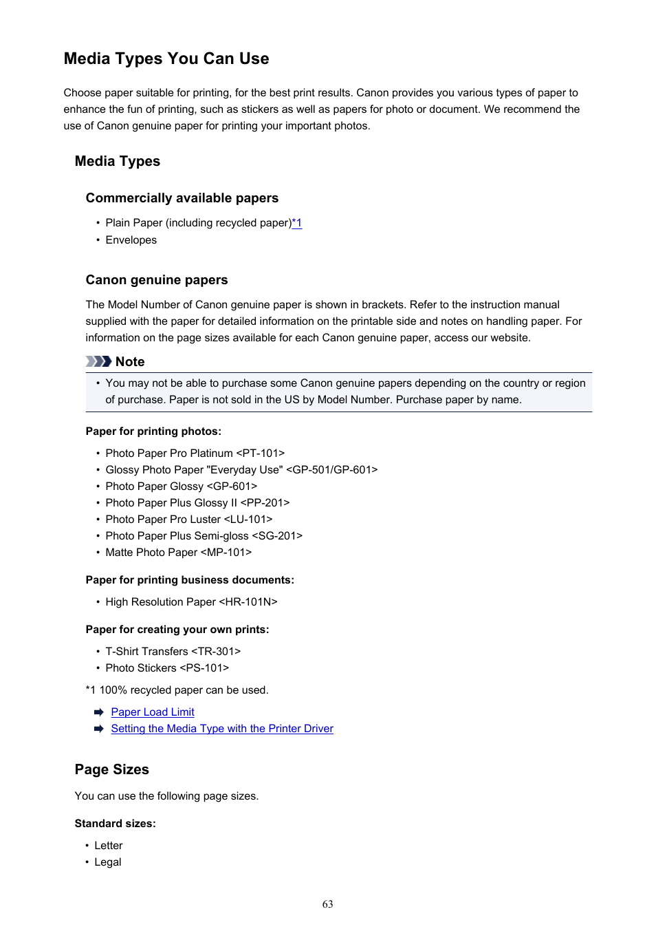 Media types you can use, Genuine paper, see | Canon PIXMA iX6850 User Manual | Page 63 / 378