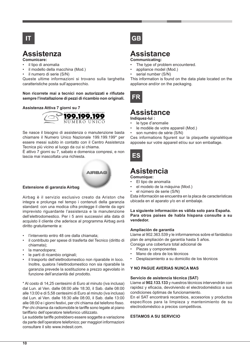 Assistenza, Assistance, Asistencia | Hotpoint Ariston PK 755 D GH X-HA User Manual | Page 10 / 80