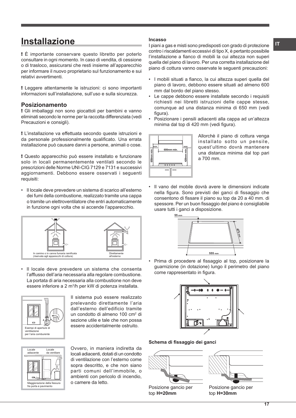 Installazione, Posizionamento | Hotpoint Ariston PK 755 D GH X-HA User Manual | Page 17 / 80