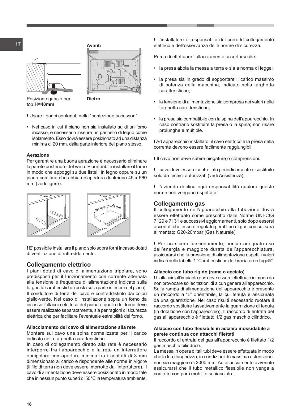 Collegamento elettrico, Collegamento gas | Hotpoint Ariston PK 755 D GH X-HA User Manual | Page 18 / 80