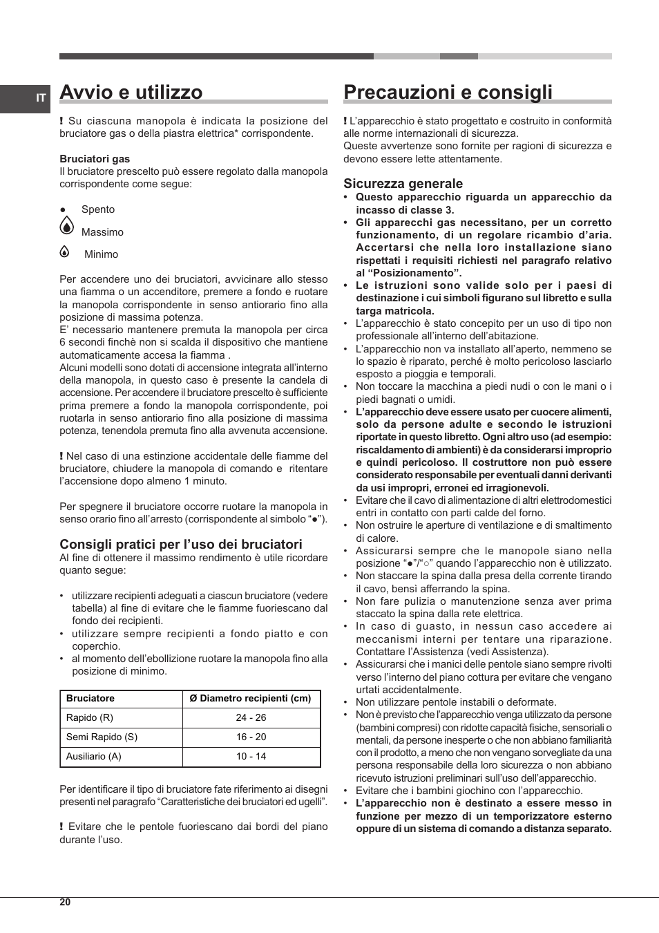 Avvio e utilizzo, Precauzioni e consigli, Consigli pratici per l’uso dei bruciatori | Sicurezza generale | Hotpoint Ariston PK 755 D GH X-HA User Manual | Page 20 / 80
