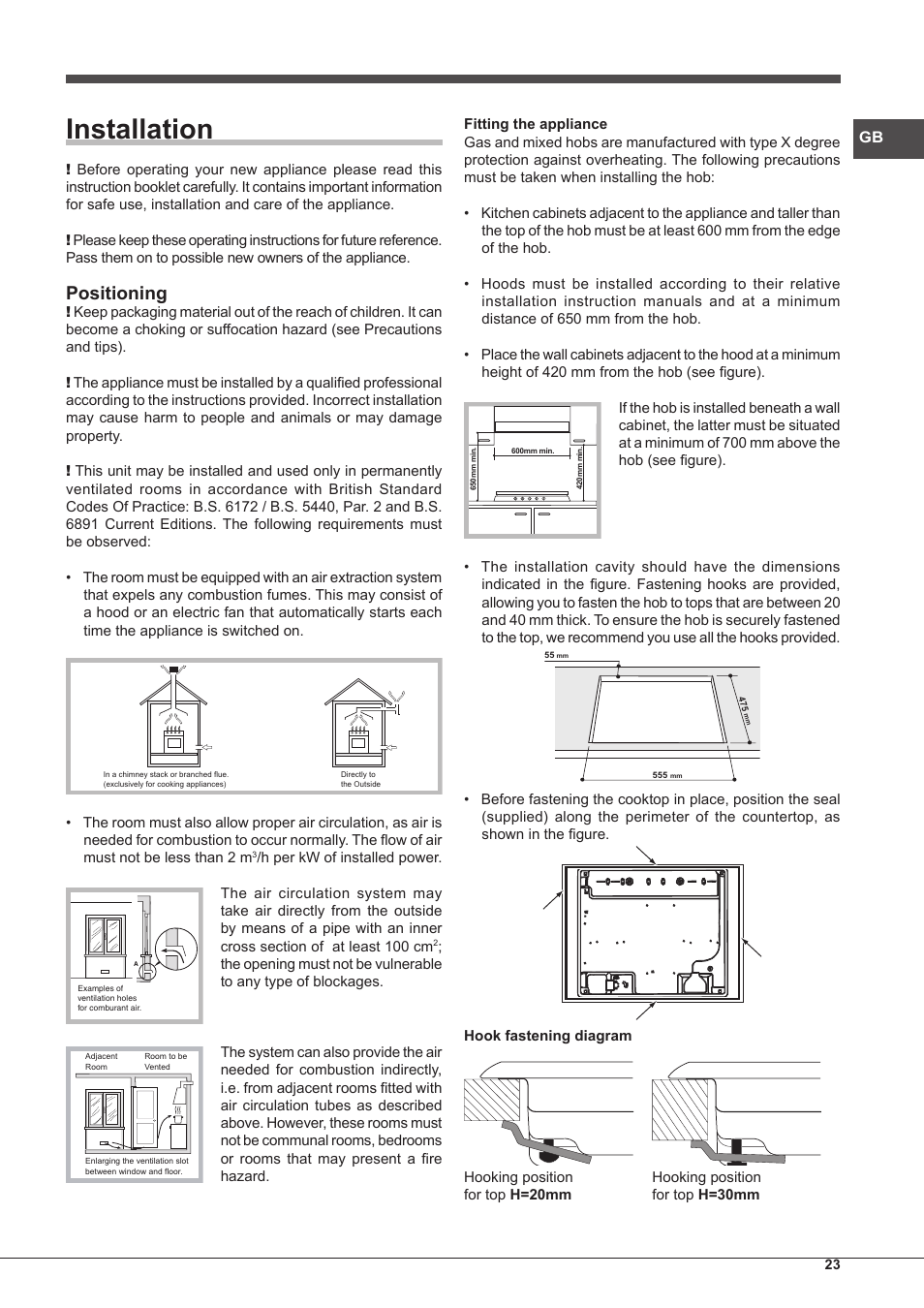 Installation, Positioning | Hotpoint Ariston PK 755 D GH X-HA User Manual | Page 23 / 80