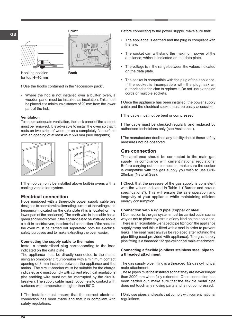Electrical connection, Gas connection | Hotpoint Ariston PK 755 D GH X-HA User Manual | Page 24 / 80