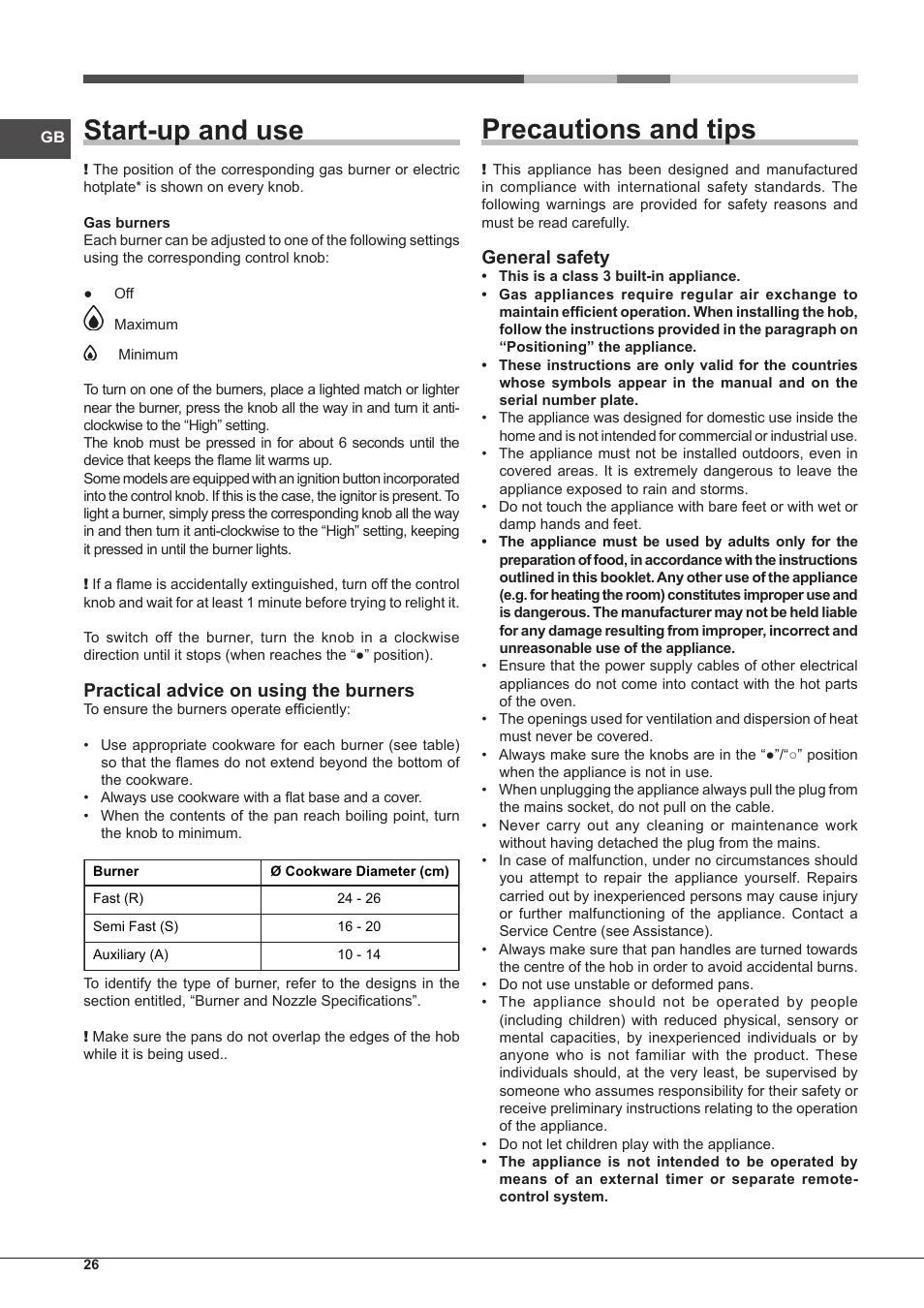 Start-up and use, Precautions and tips, Practical advice on using the burners | General safety | Hotpoint Ariston PK 755 D GH X-HA User Manual | Page 26 / 80