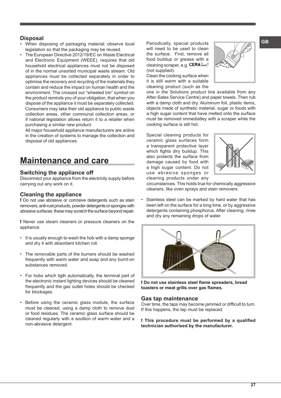 Maintenance and care, Disposal, Switching the appliance off | Cleaning the appliance, Gas tap maintenance | Hotpoint Ariston PK 755 D GH X-HA User Manual | Page 27 / 80