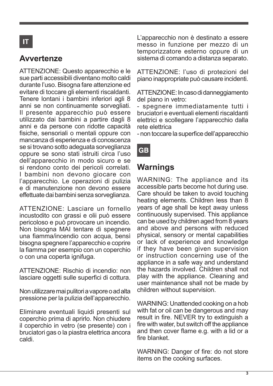 Avvertenze, Warnings | Hotpoint Ariston PK 755 D GH X-HA User Manual | Page 3 / 80