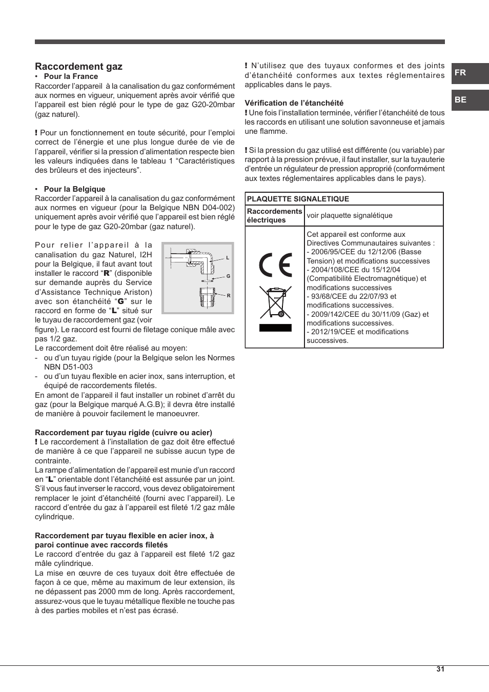 Raccordement gaz | Hotpoint Ariston PK 755 D GH X-HA User Manual | Page 31 / 80