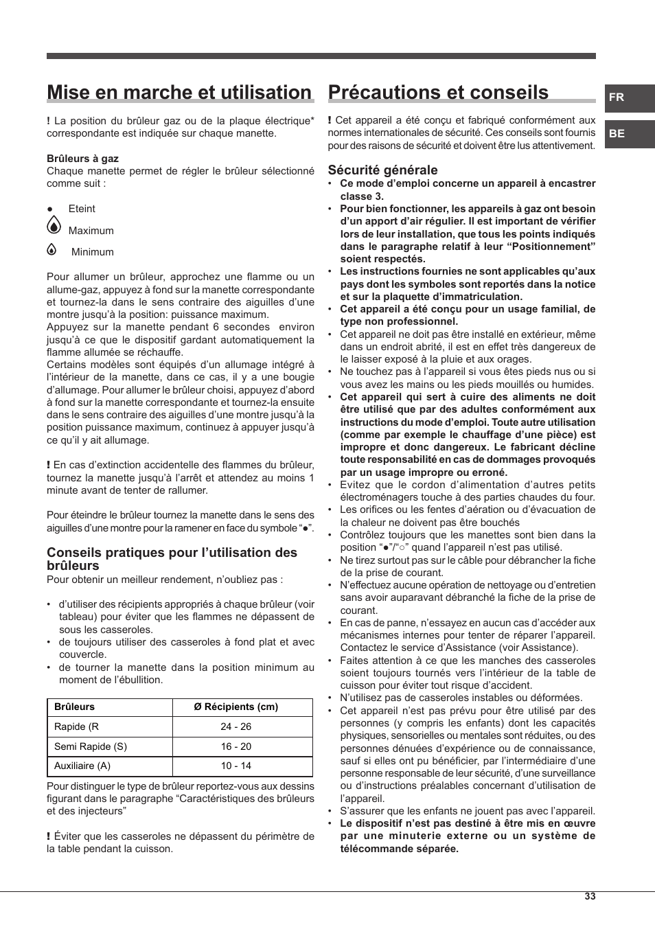 Mise en marche et utilisation, Précautions et conseils, Conseils pratiques pour l’utilisation des brûleurs | Sécurité générale | Hotpoint Ariston PK 755 D GH X-HA User Manual | Page 33 / 80