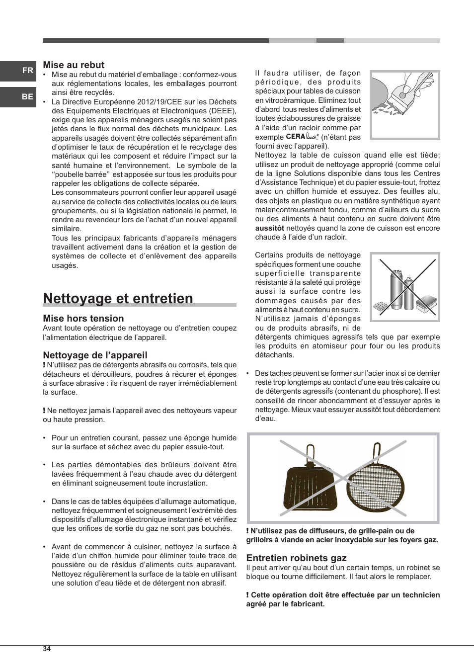 Nettoyage et entretien, Mise au rebut, Mise hors tension | Nettoyage de l’appareil, Entretien robinets gaz | Hotpoint Ariston PK 755 D GH X-HA User Manual | Page 34 / 80